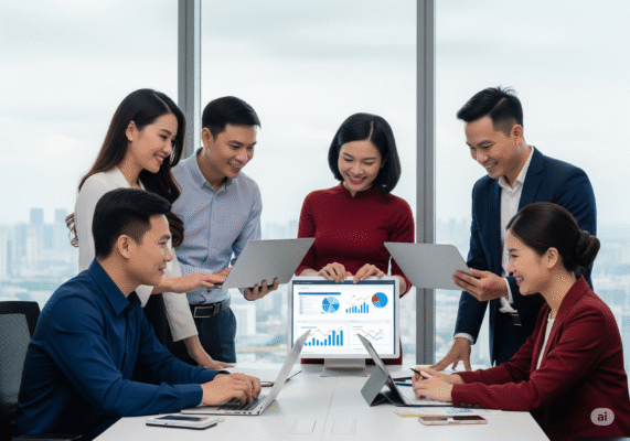 Nhóm chuyên gia Content Marketing cùng nhau phân tích dữ liệu trên màn hình máy tính.