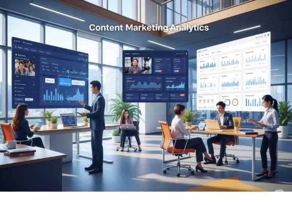 Phân tích hiệu suất Content Marketing trên các màn hình lớn trong văn phòng hiện đại.