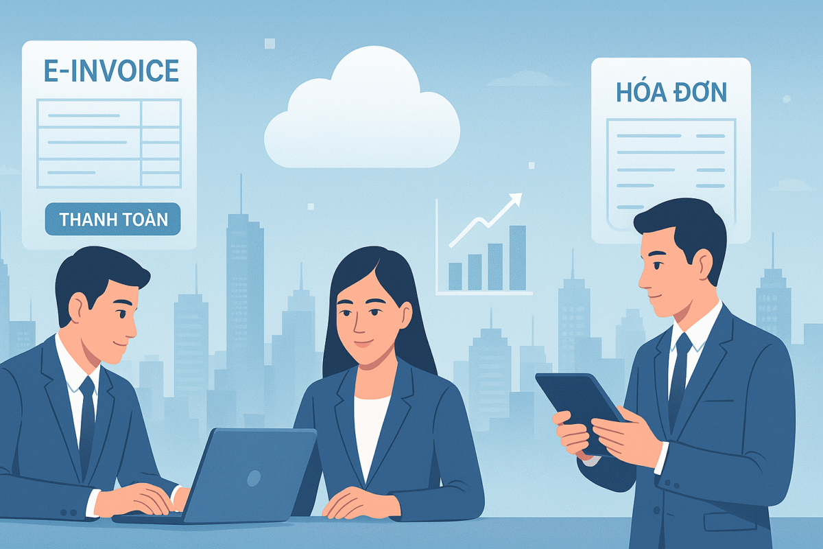 Các chuyên gia kinh doanh Việt Nam sử dụng hệ thống hóa đơn điện tử với dữ liệu đám mây, biểu đồ tài chính và các biểu tượng hóa đơn số trong bối cảnh đường chân trời thành phố Hà Nội tương lai. Phong cách minh họa phẳng hiện đại, thể hiện chuyển đổi số, công nghệ tài chính và hóa đơn điện tử tại Việt Nam.