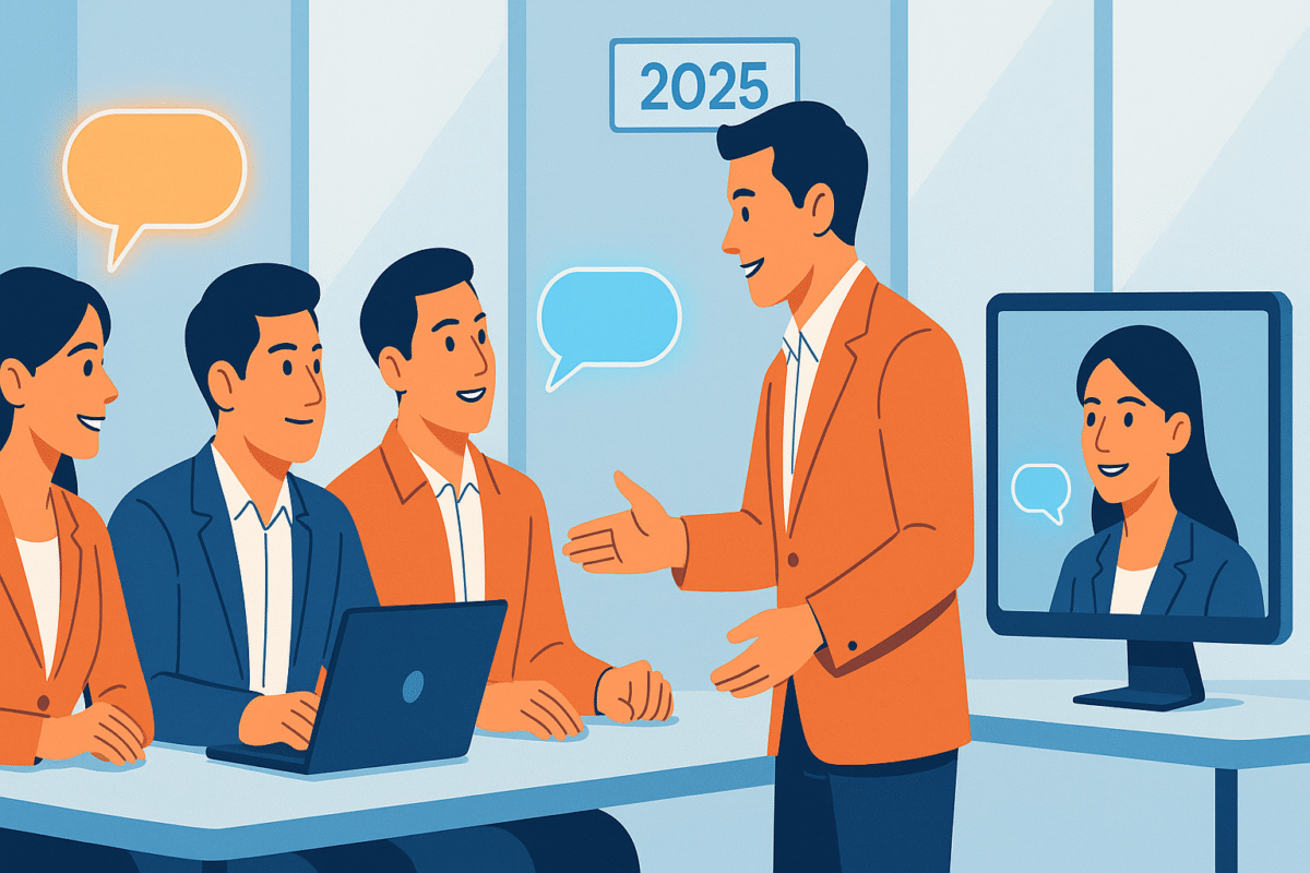 Hình minh họa kiểu vector phẳng về các chuyên gia Việt Nam giao tiếp trực tiếp và qua cuộc họp trực tuyến trong văn phòng hiện đại, phong cách năm 2025, với bong bóng hội thoại phát sáng.