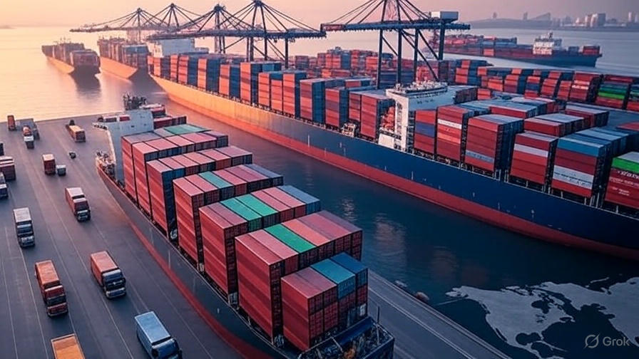 Hình ảnh cảng biển hiện đại tại Việt Nam năm 2025 với tàu container, cần cẩu và xe tải logistics trong khung cảnh hoàng hôn.