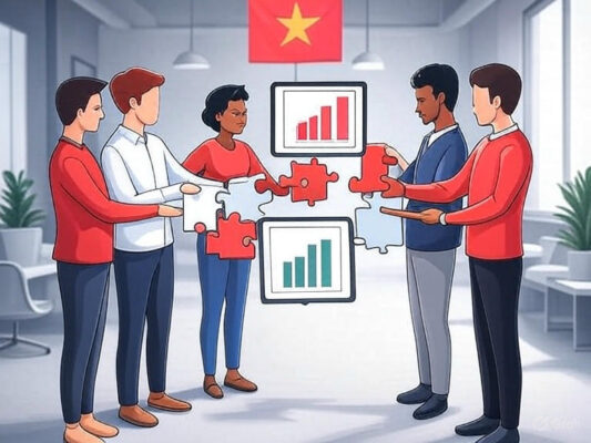 Biểu tượng bốn người cầm mảnh ghép kết nối quanh máy tính bảng, với cờ Việt Nam cách điệu làm nền, thể hiện chia sẻ trách nhiệm trong làm việc nhóm.