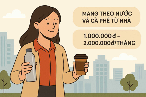 Minh họa mẹo tiết kiệm bằng cách mang theo nước và cà phê từ nhà để giảm chi phí hàng tháng.
