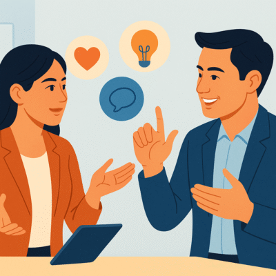 Hình minh họa vector hai đồng nghiệp người Việt sử dụng ngôn ngữ cơ thể – ánh mắt, cử chỉ tay, tư thế tự tin – để giao tiếp không lời trong văn phòng hiện đại, kèm theo các biểu tượng cảm xúc và ý tưởng bay lơ lửng.