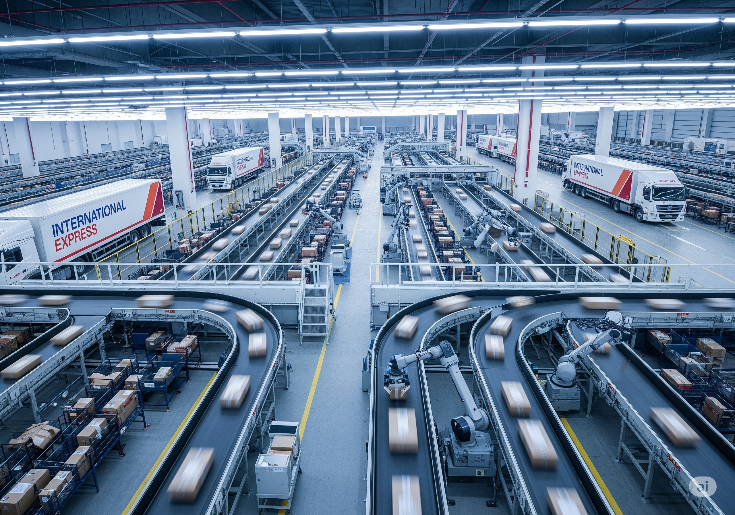 : Hình ảnh tóm trung tâm logistics tự động hóa hiện đại hóa của Việt Nam, với băng chuyền, robot và xe tải "INTERNATIONAL EXPRESS", thể hiện tính hiệu quả và chuyên nghiệp.