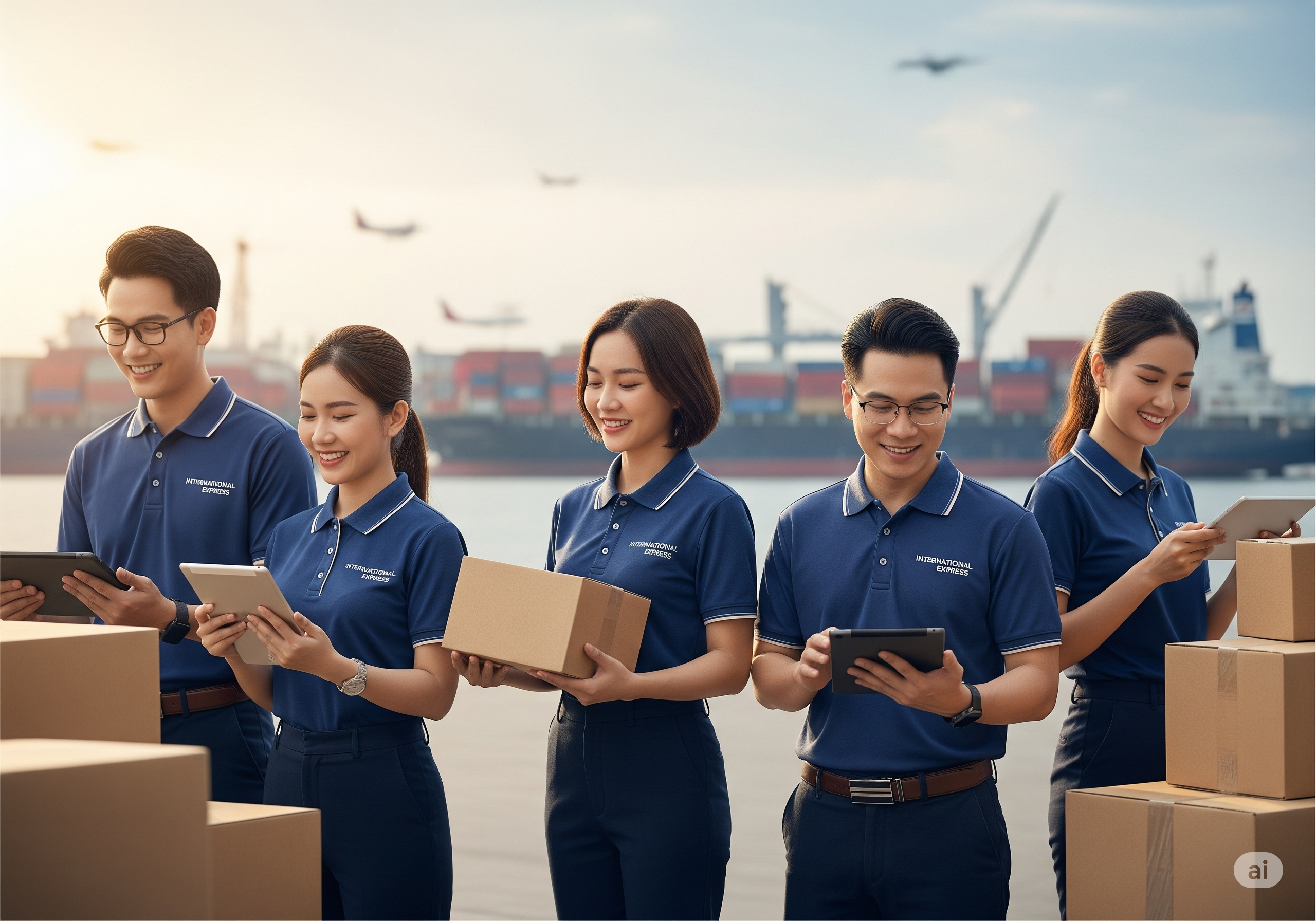 ình ảnh đội ngũ nhân viên chuyên nghiệp, đa dạng của "INTERNATIONAL EXPRESS" làm việc hiệu quả tại trung tâm hiện đại. Thể hiện sự uy tín và chất lượng dịch vụ trong bối cảnh quốc tế.