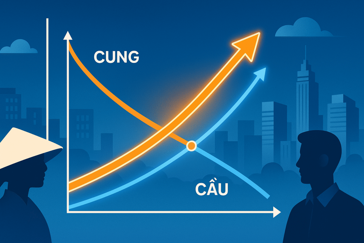 Đồ họa minh họa quy luật cung cầu tại Việt Nam với đường cung và cầu giao nhau tại điểm cân bằng.
