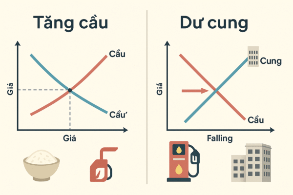 Hai biểu đồ minh họa sự thay đổi giá khi cầu tăng và khi cung vượt quá cầu