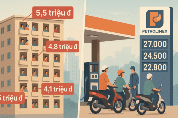 Hình ảnh minh họa một tòa chung cư với các mức giá thuê tăng dần và một trạm xăng Petrolimex với bảng giá xăng thay đổi, người đi xe máy xếp hàng tại cây xăng trong bối cảnh đô thị Việt Nam.