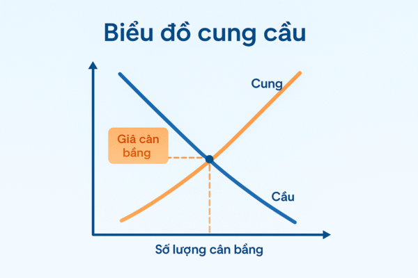 Biểu đồ đường thể hiện mối quan hệ giữa cung và cầu với điểm giao nhau là giá cân bằng, trục tung biểu diễn giá và trục hoành biểu diễn số lượng cân bằng