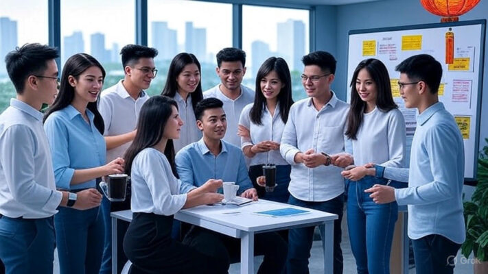 Nhóm người Việt Nam thảo luận ý tưởng không gian làm việc chung hiện đại.
