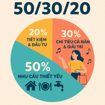 Biểu đồ hình tròn minh họa nguyên tắc 50/30/20: 50% cho nhu cầu thiết yếu, 30% cho chi tiêu cá nhân và giải trí, 20% cho tiết kiệm và đầu tư