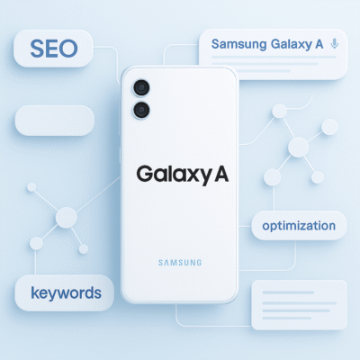 Samsung Galaxy A màu trắng được đặt giữa các nhãn SEO, từ khóa và đoạn tìm kiếm Google trên nền xanh trắng hiện đại, không hiển thị chữ “điện thoại”.