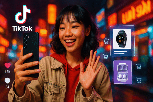 Bạn nữ trẻ Gen Z người Việt đang quay video TikTok bằng điện thoại Samsung trong khung cảnh phố thị đầy đèn neon, với các biểu tượng mua sắm và sản phẩm hiện nổi trên màn hình.