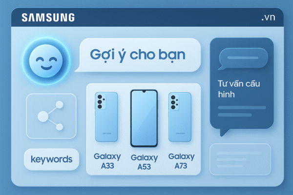 Giao diện AI gợi ý sản phẩm Samsung Galaxy A năm 2025 tại Việt Nam, gồm trợ lý ảo, hộp thoại tư vấn và các thẻ điện thoại được cá nhân hóa, trên nền thiết kế xanh công nghệ hiện đại.