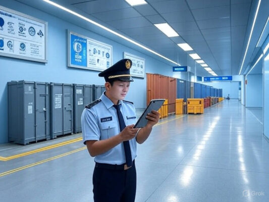 Hình ảnh trạm kiểm tra hải quan thông minh tại Việt Nam năm 2025 với nhân viên sử dụng máy tính bảng và hệ thống tự động kiểm tra container.