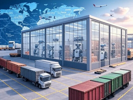 Hình ảnh hệ thống logistics quốc tế hiện đại tại Việt Nam năm 2025 với xe tải, tàu hỏa, máy bay và kho thông minh sử dụng robot quét mã vạch