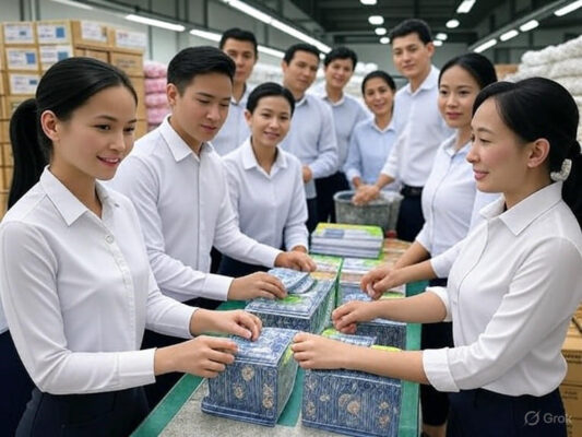 Hình ảnh đội ngũ nhân viên Việt Nam chuẩn bị hàng hóa xuất khẩu trong nhà máy sạch, với thùng carton và nhãn "Made in Vietnam".