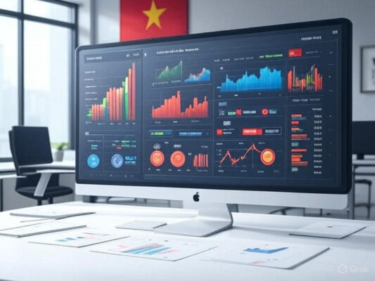 Bảng điều khiển dữ liệu hiển thị xu hướng xuất nhập khẩu của Việt Nam năm 2025 với biểu đồ tăng trưởng, biểu tượng đối tác lớn và cờ Việt Nam.