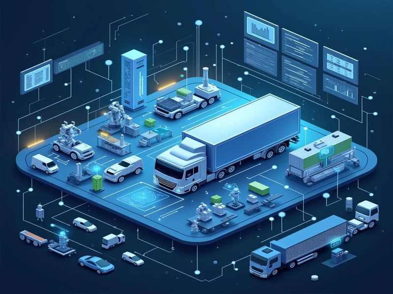 Hình minh họa công nghệ cao về chuỗi cung ứng với các xe tải, xe van, tay robot, băng chuyền, màn hình dữ liệu và mạng lưới kỹ thuật số kết nối toàn bộ hệ thống.
