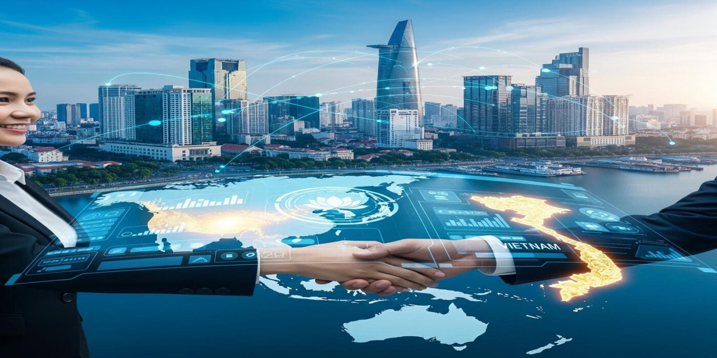 Doanh nhân Việt và quốc tế bắt tay trước nền thành phố hiện đại với bản đồ số Việt Nam phát sáng và đồ họa tài chính, biểu tượng cho FDI và liên doanh tại thị trường mới nổi 2025.