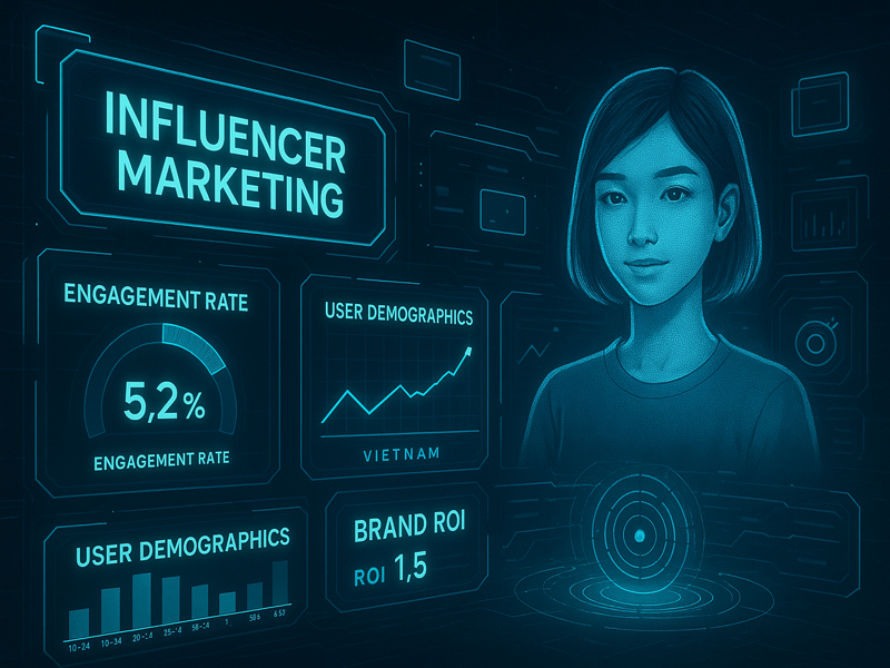 Mô phỏng bảng điều khiển dữ liệu chiến dịch influencer marketing ứng dụng AI và phân tích hiệu suất.