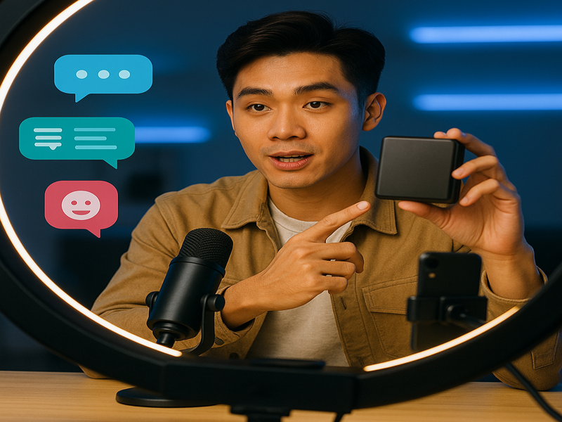 Influencer nam thực hiện livestream đánh giá sản phẩm công nghệ với yếu tố tương tác thời gian thực.