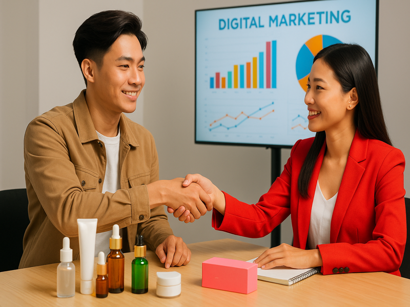 Tình huống hợp tác giữa influencer Việt Nam và thương hiệu mỹ phẩm trong bối cảnh tiếp thị số chuyên nghiệp.