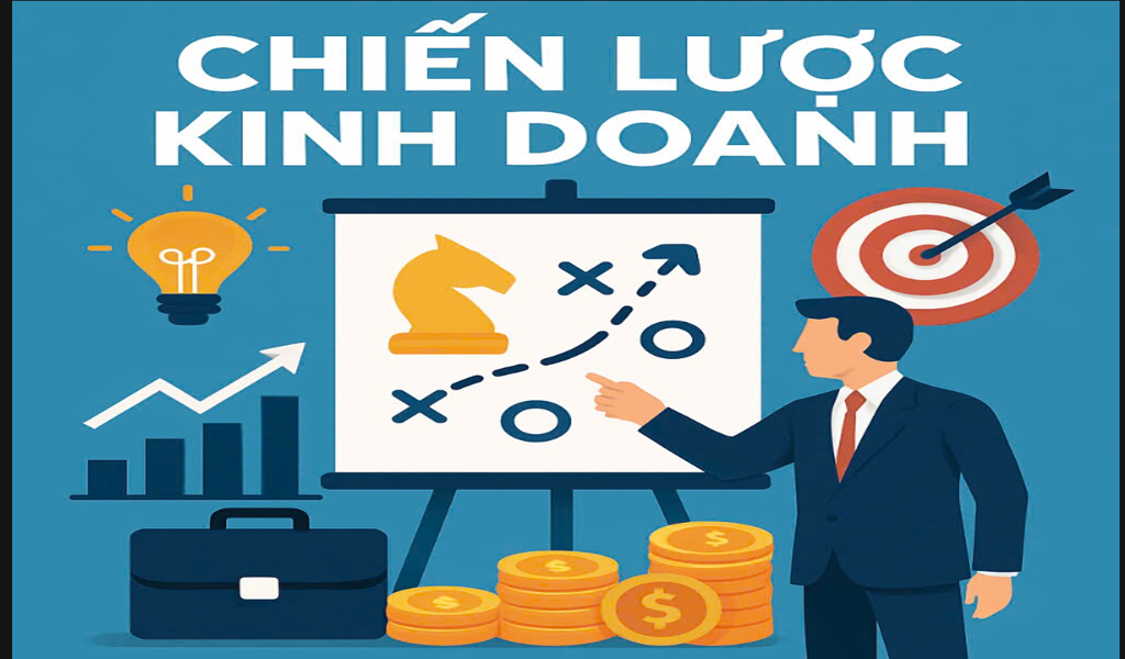 Hình minh họa một doanh nhân đang trình bày chiến lược kinh doanh với bảng kế hoạch, biểu tượng con ngựa cờ vua, biểu đồ tăng trưởng, bóng đèn ý tưởng, mục tiêu có mũi tên và tiền xu.