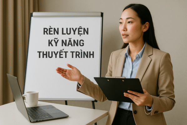 Một bạn nữ đang luyện tập kỹ năng thuyết trình tại nhà với bảng lật ghi dòng chữ “Rèn luyện kỹ năng thuyết trình”, bên cạnh là laptop và tách cà phê.