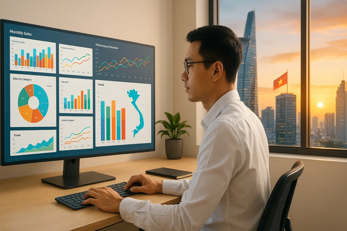 Một người đàn ông mặc áo sơ mi trắng đang ngồi tại bàn làm việc trong văn phòng hiện đại, chăm chú nhìn vào màn hình máy tính lớn hiển thị nhiều biểu đồ phân tích dữ liệu như biểu đồ cột, biểu đồ đường, biểu đồ tròn và bản đồ Việt Nam với số liệu trực quan. Phía sau là cửa sổ kính lớn nhìn ra thành phố vào lúc hoàng hôn, với tòa nhà cao tầng, cờ đỏ sao vàng của Việt Nam tung bay và ánh nắng mặt trời đang lặn.