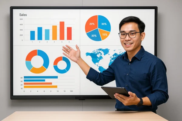 Một người đàn ông mặc áo sơ mi xanh đứng trước màn hình lớn, tay cầm máy tính bảng và đang giới thiệu các biểu đồ. Màn hình hiển thị các loại biểu đồ khác nhau: biểu đồ cột, biểu đồ tròn, biểu đồ thanh ngang và bản đồ thế giới, cho thấy dữ liệu về doanh số hoặc thị phần.