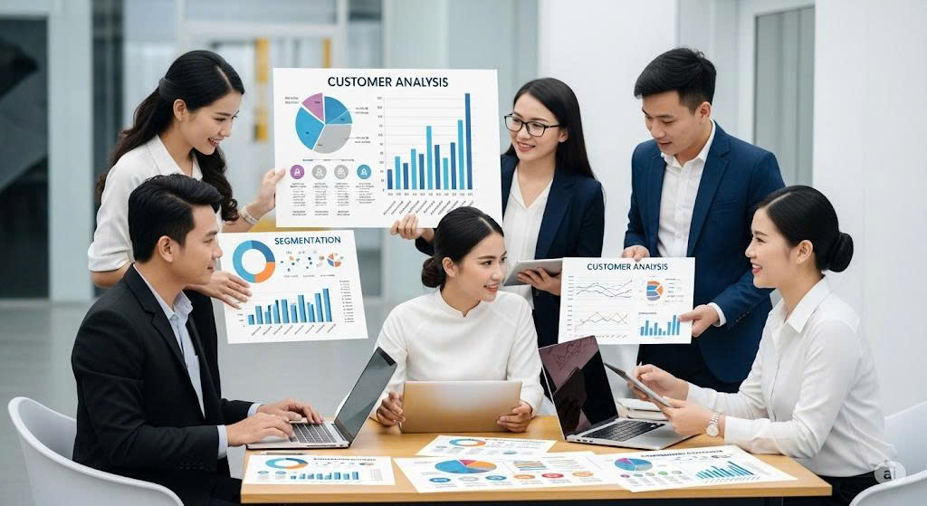 Đội ngũ chuyên gia đang thảo luận về dữ liệu khách hàng và phân khúc thị trường hiện đại ở Việt Nam.