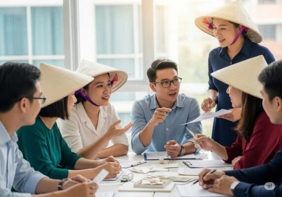  Các chuyên viên marketing trao đổi với người dân địa phương đội nón lá trong buổi thảo luận tại văn phòng, thể hiện sự gắn kết giữa dữ liệu thị trường và thực tế tiêu dùng.
