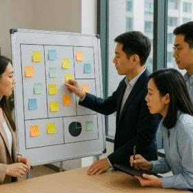 ột nhóm nhân sự trẻ đang họp bàn quanh bảng trắng dán đầy ghi chú nhiều màu, thảo luận chiến lược phân tích khách hàng mục tiêu và kế hoạch tiếp thị.